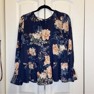 MAURICES BLUE FLORAL FLOWY LONG SLEEVE BLOUSE